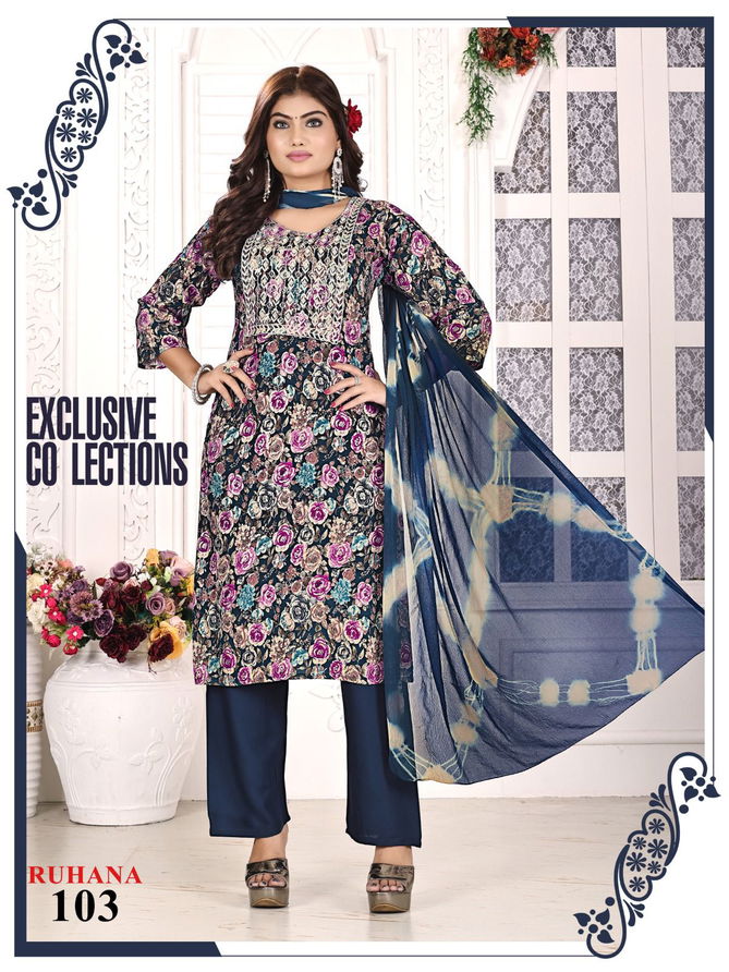 Ruhana Vol 2 By Fashion Talk Rayon Procaine Printed Kurti With Bottom Dupatta Wholesale Online
